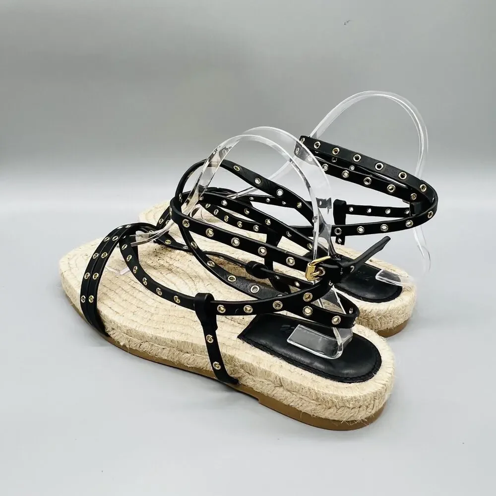 Madewell Sandals Womens 8 Black Leather Studded Strappy Thong Espadrille Shoes